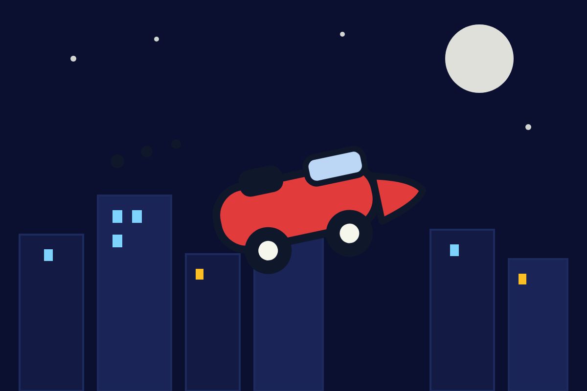 Night city flight scene art for the flying Tesla Roadster AI video
