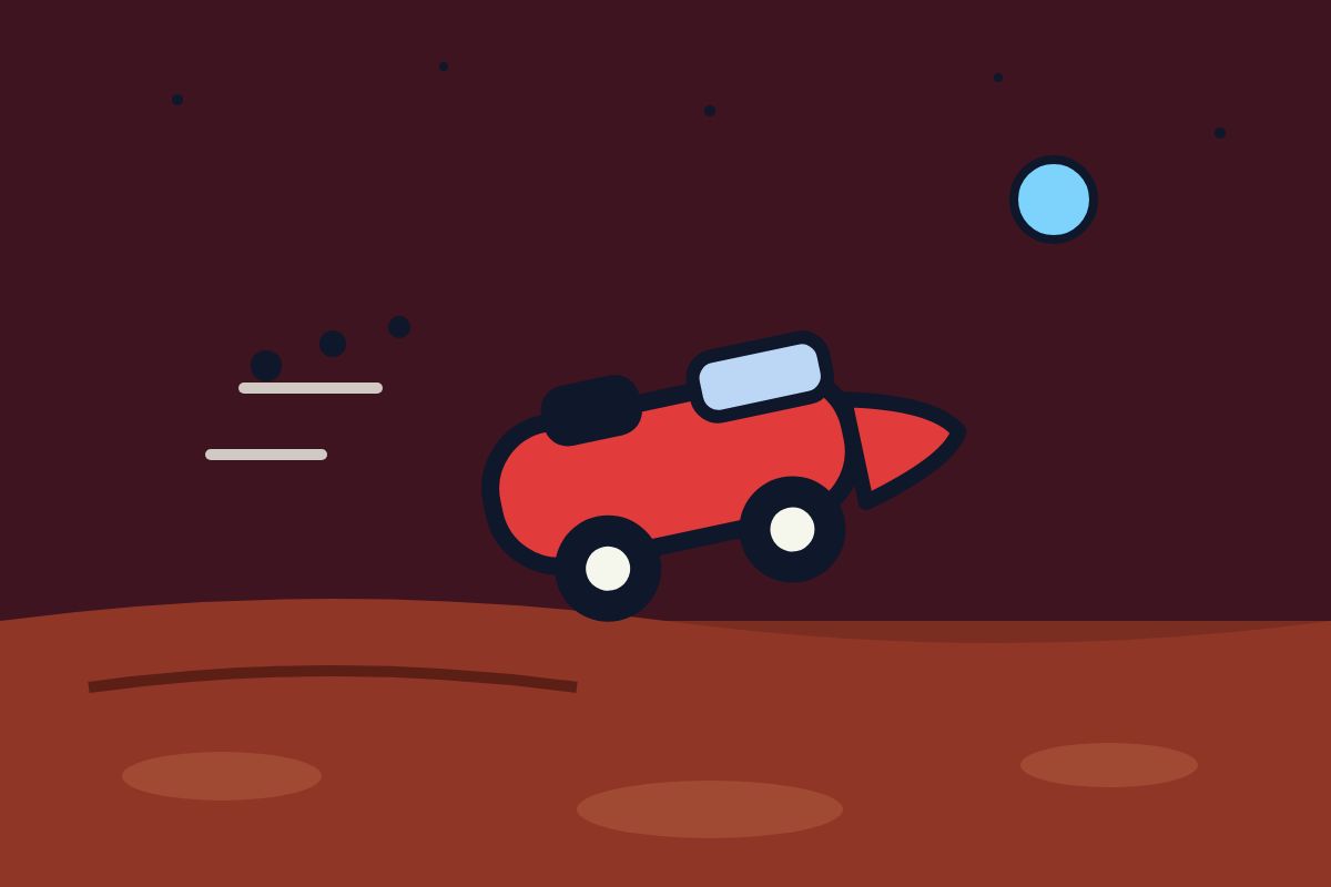 Mars run scene art for the flying Tesla Roadster AI video